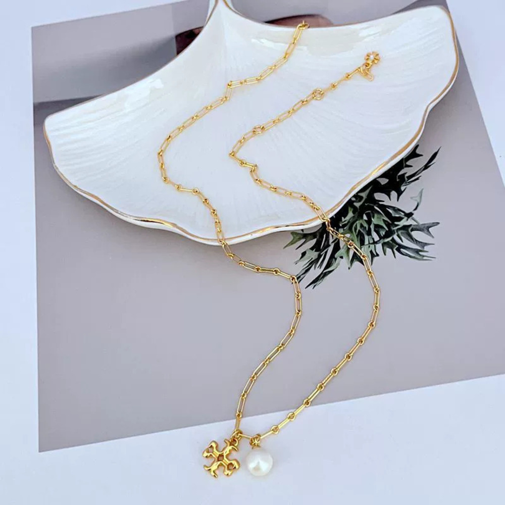 Tory Burch Letter Pearl Pendant Metal Necklace